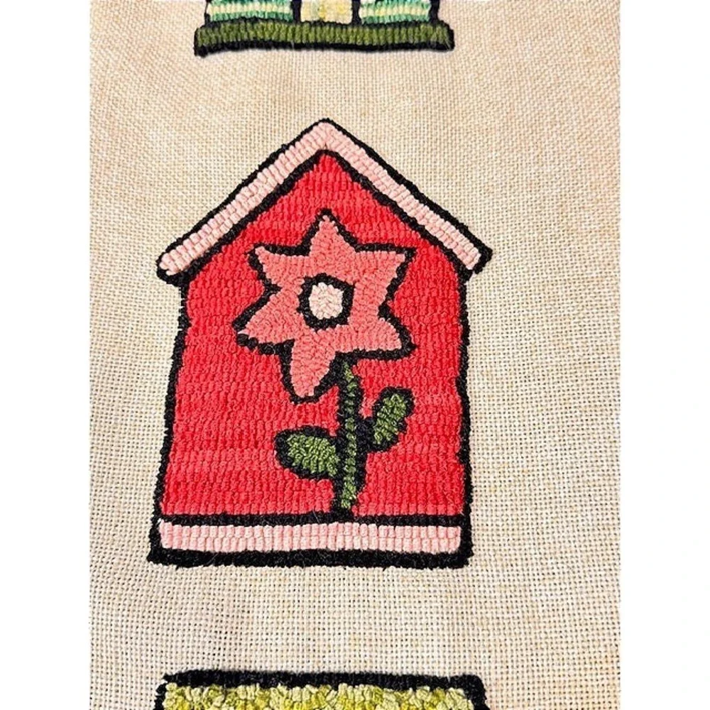 Vintage Needlepoint Birdhouse Bell Pull Wall Hanging Burlap Felt Cottagecore